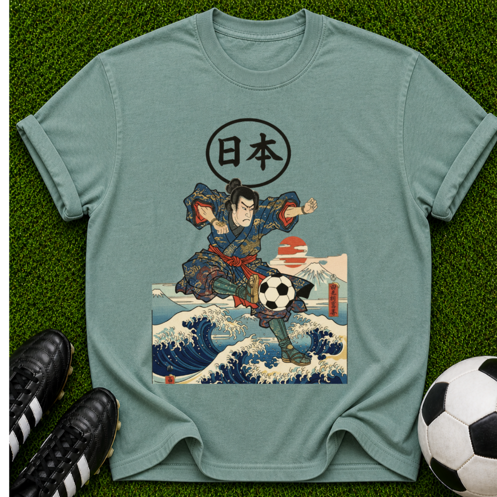 Samurai Soccer Ukiyo-e T-shirt | Japanese Wave Soccer Ball Artwork