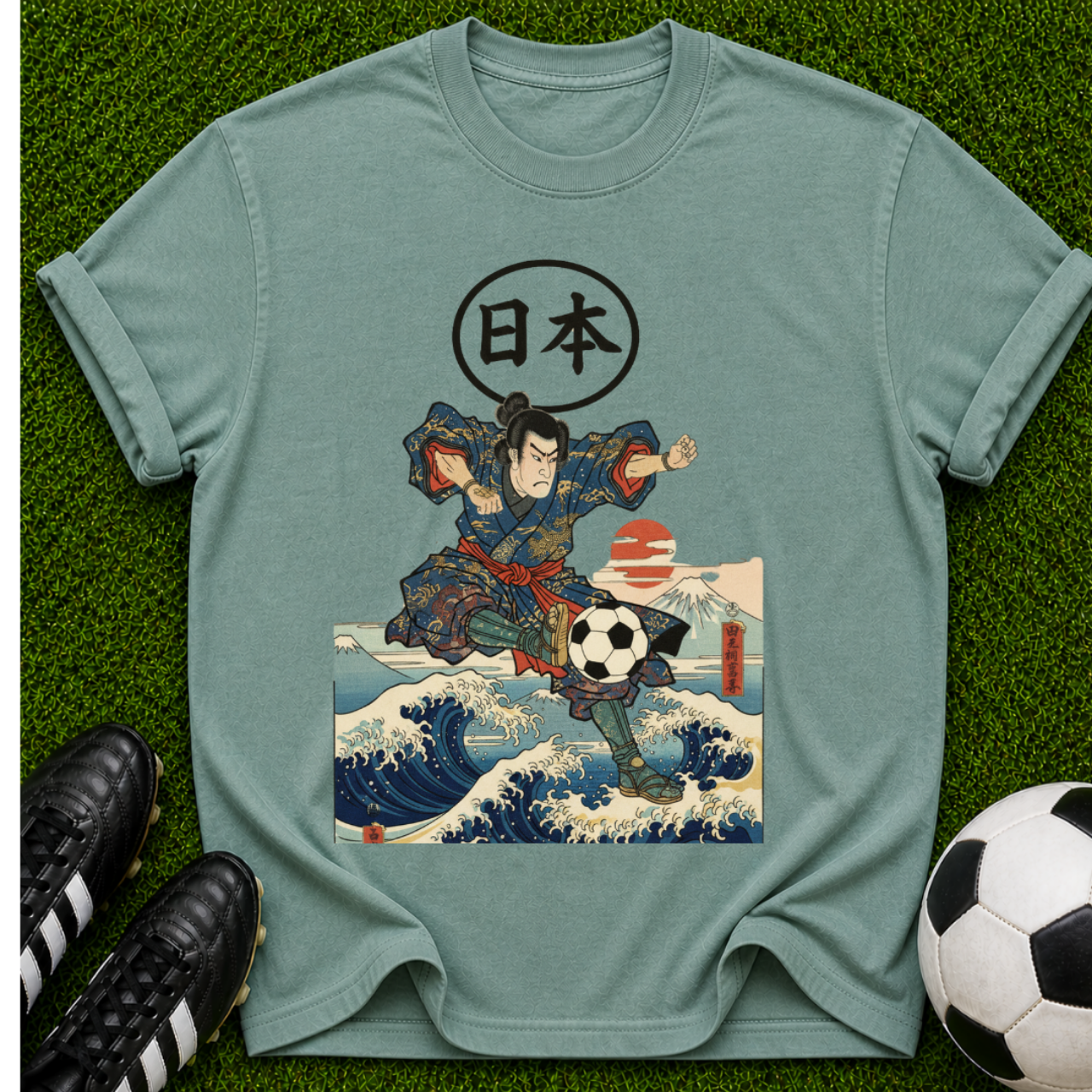 Samurai Soccer Ukiyo-e T-shirt | Japanese Wave Soccer Ball Artwork