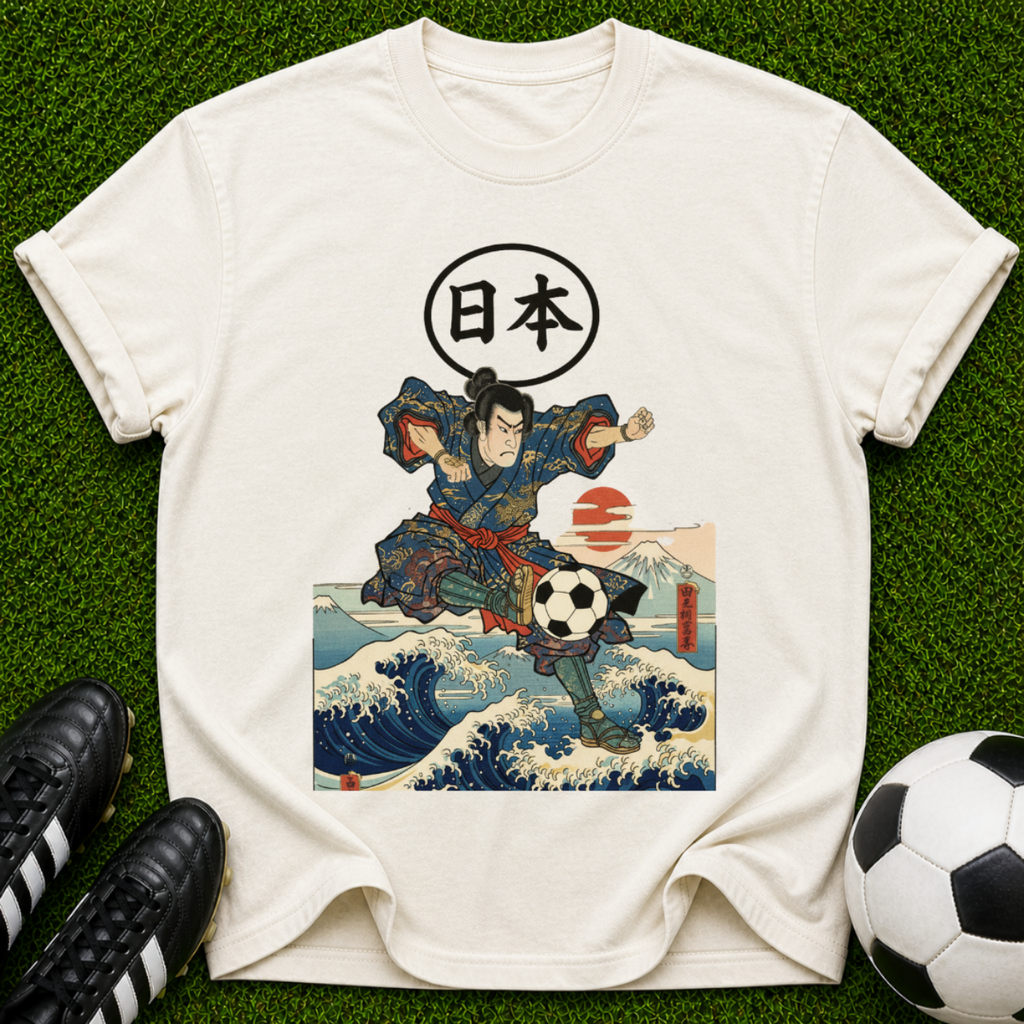 Samurai Soccer Ukiyo-e T-shirt | Japanese Wave Soccer Ball Artwork