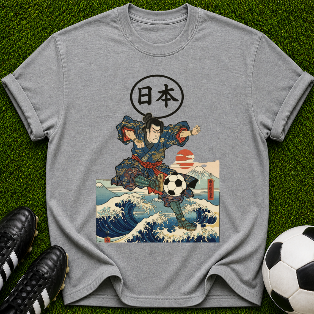 Samurai Soccer Ukiyo-e T-shirt | Japanese Wave Soccer Ball Artwork