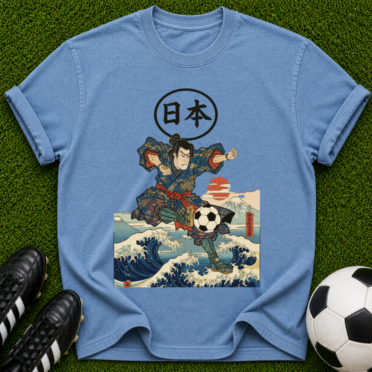 Samurai Soccer Ukiyo-e T-shirt | Japanese Wave Soccer Ball Artwork
