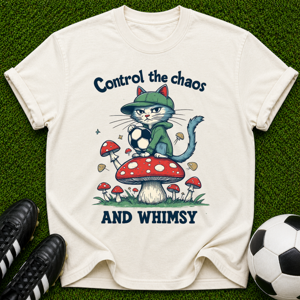 Control the Chaos and Whimsy Cat on Mushroom T-shirt | Cute Whimsical Graphic