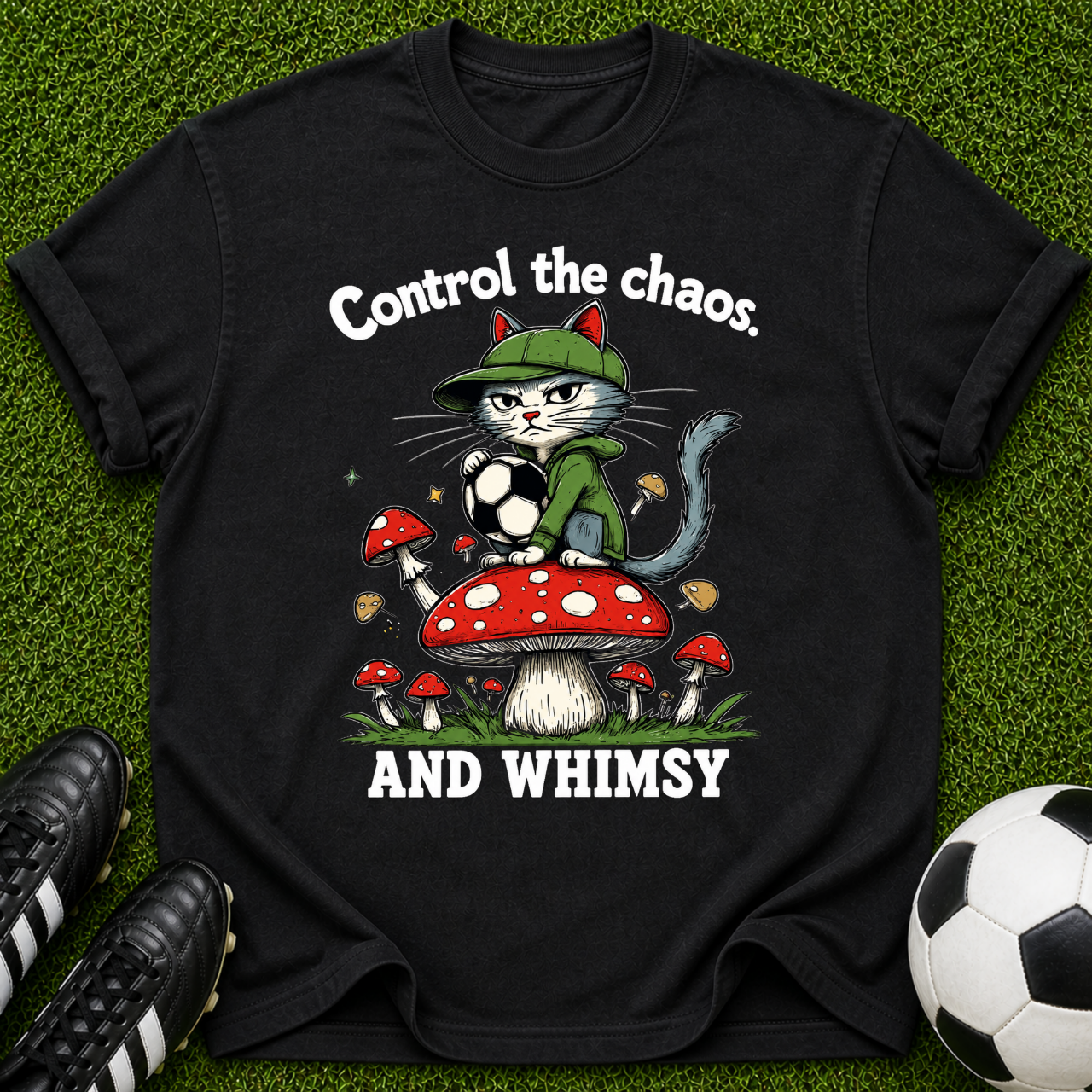 Control the Chaos and Whimsy Cat on Mushroom T-shirt | Cute Whimsical Graphic