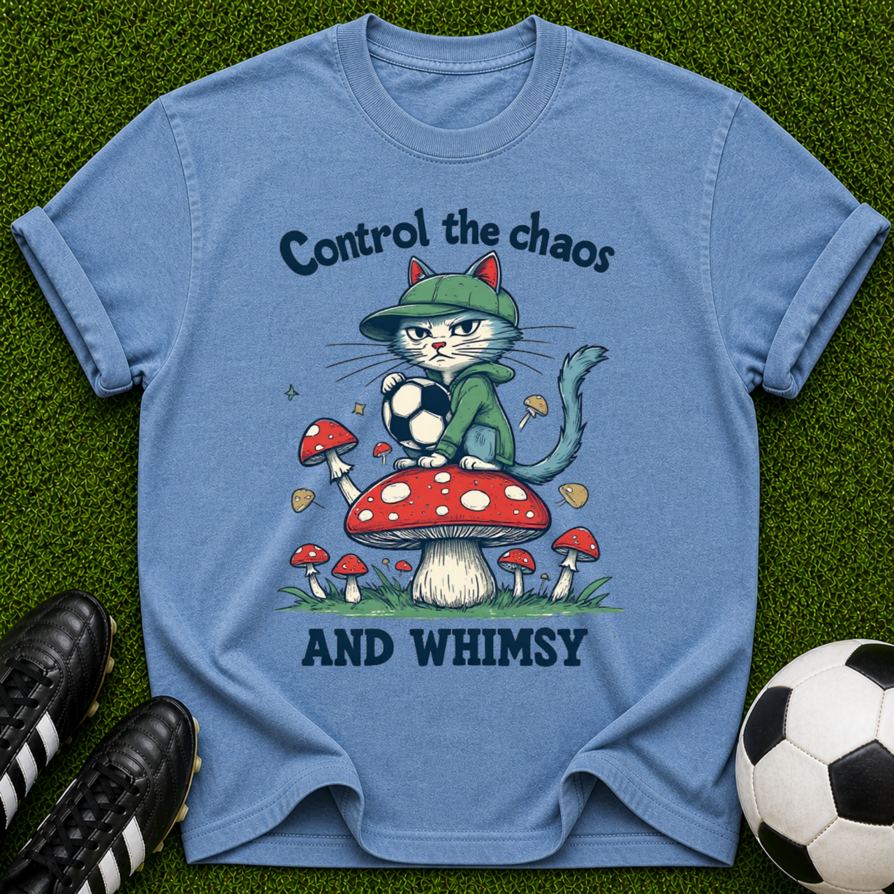 Control the Chaos and Whimsy Cat on Mushroom T-shirt | Cute Whimsical Graphic