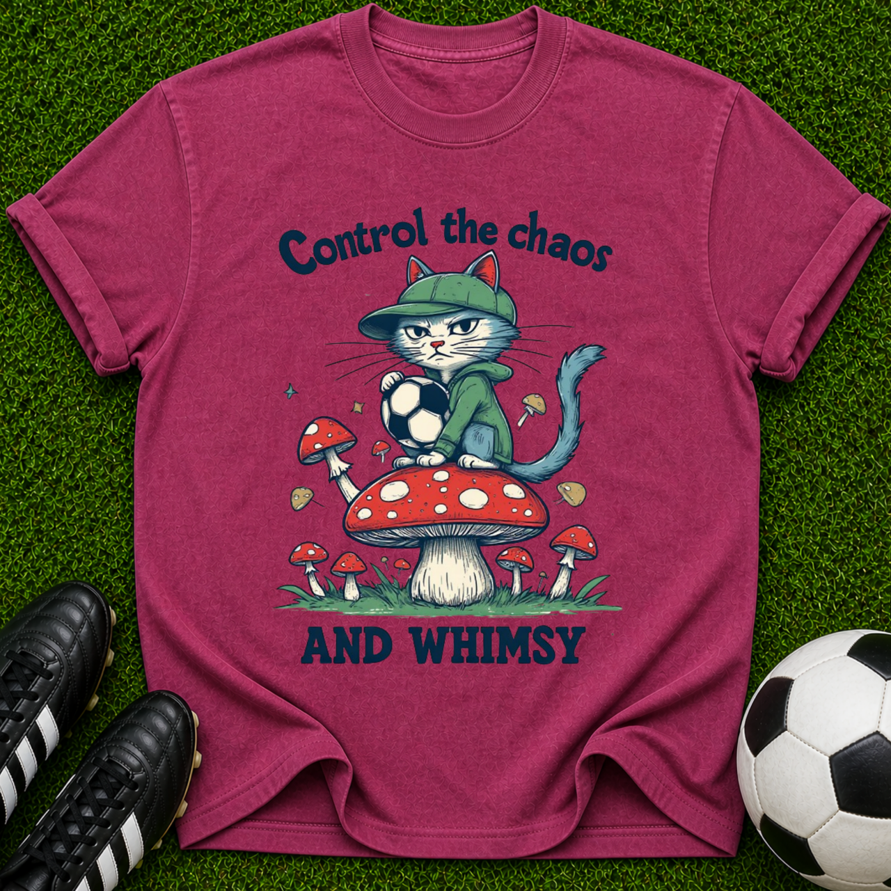 Control the Chaos and Whimsy Cat on Mushroom T-shirt | Cute Whimsical Graphic