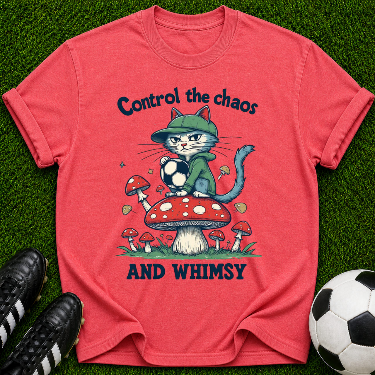 Control the Chaos and Whimsy Cat on Mushroom T-shirt | Cute Whimsical Graphic