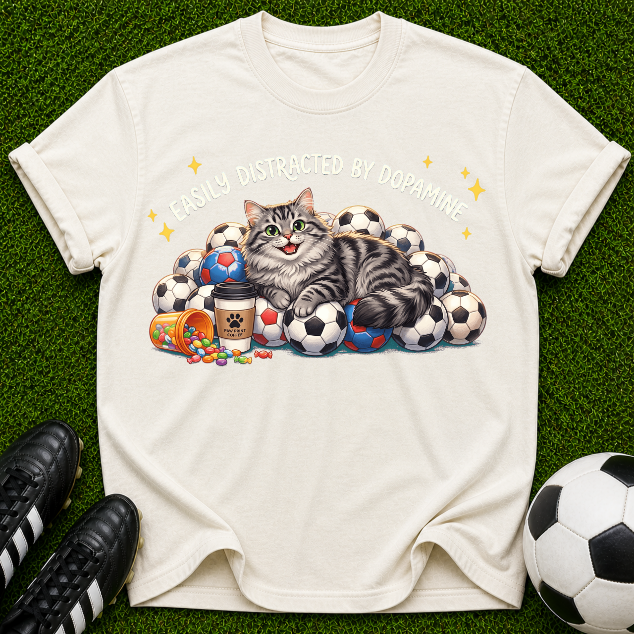 Tabby Cat Pile of Soccer Balls T-Shirt | Cute Sports Cat Tee