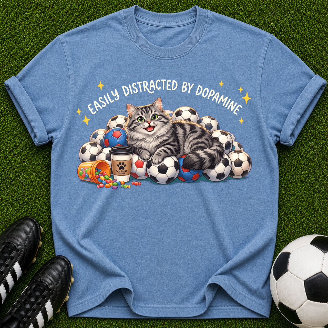 Tabby Cat Pile of Soccer Balls T-Shirt | Cute Sports Cat Tee