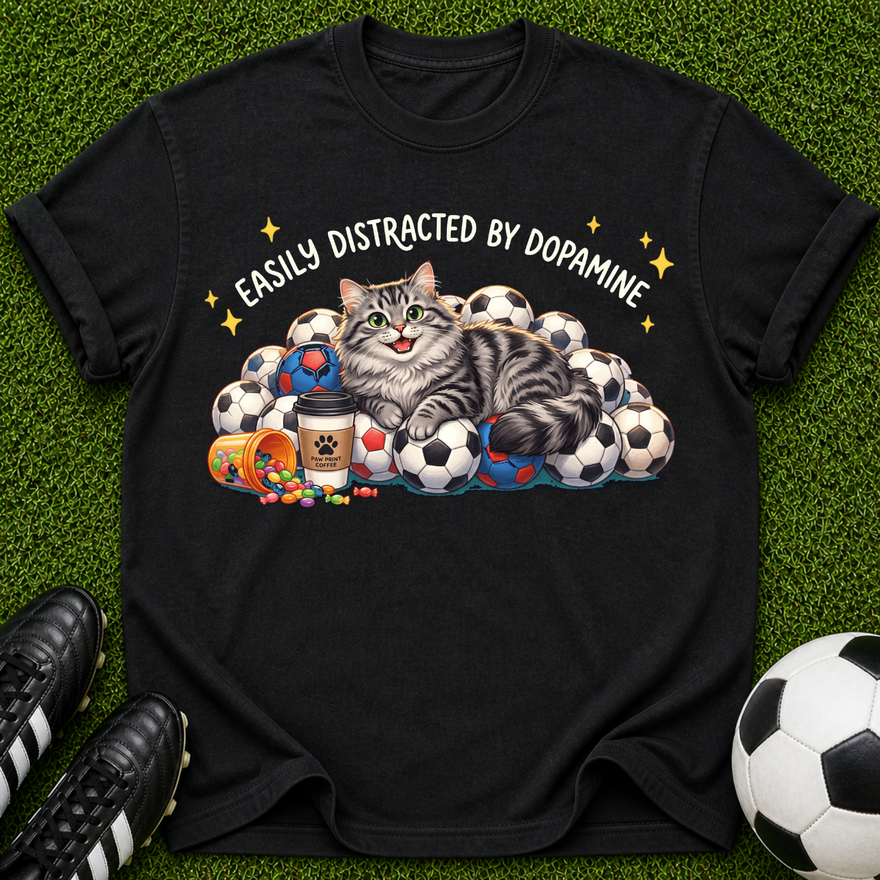 Tabby Cat Pile of Soccer Balls T-Shirt | Cute Sports Cat Tee