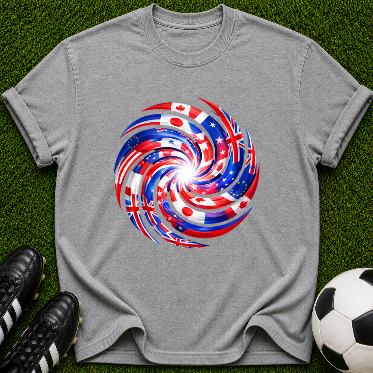 One Game, Many Nations Swirl T-Shirt |  Red White Blue Spiral Tee