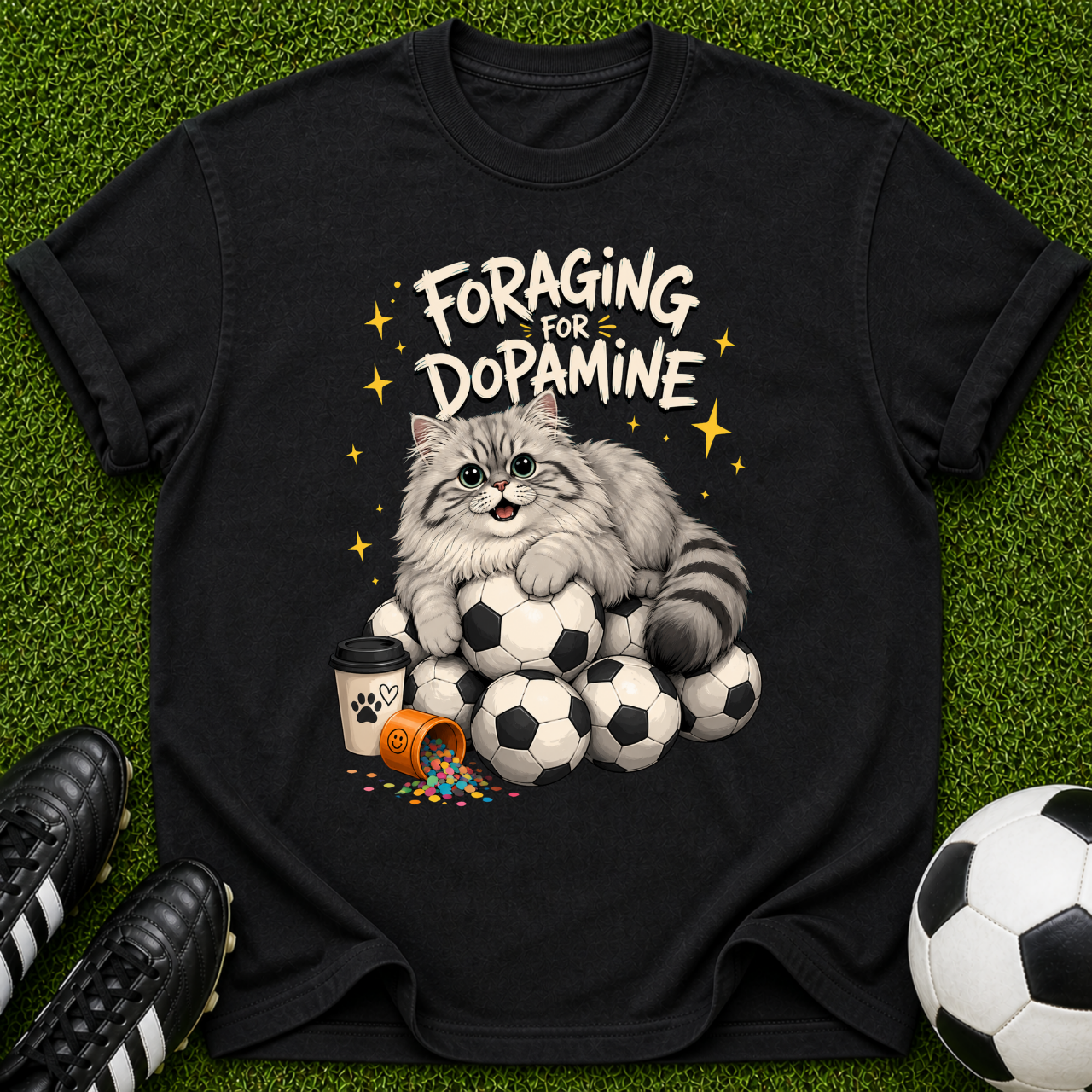 Forgiving for Dogmance Cat & Soccer Balls T-shirt