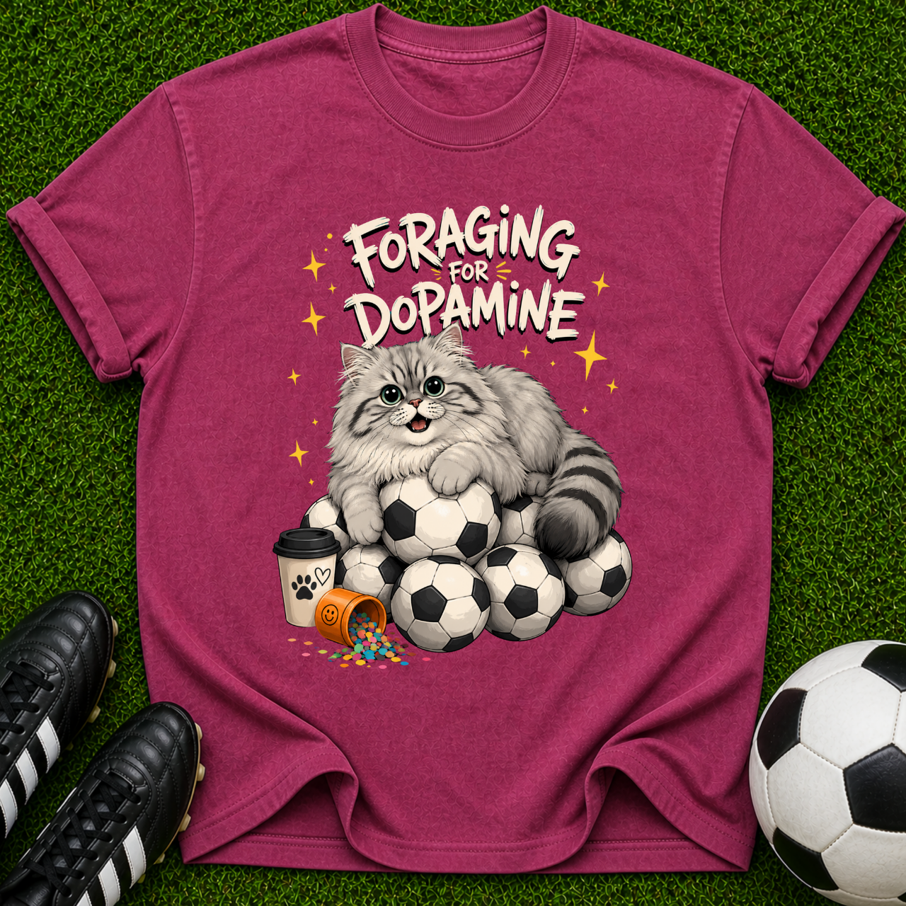 Forgiving for Dogmance Cat & Soccer Balls T-shirt