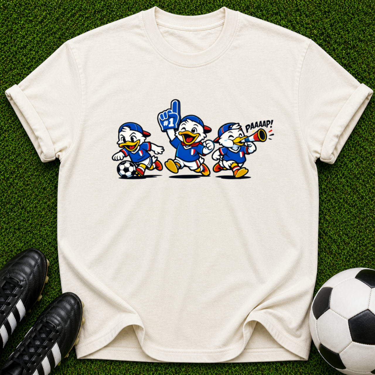 Cartoon Soccer Ducks T-Shirt | Retro Mascot Trio, Sports Graphic
