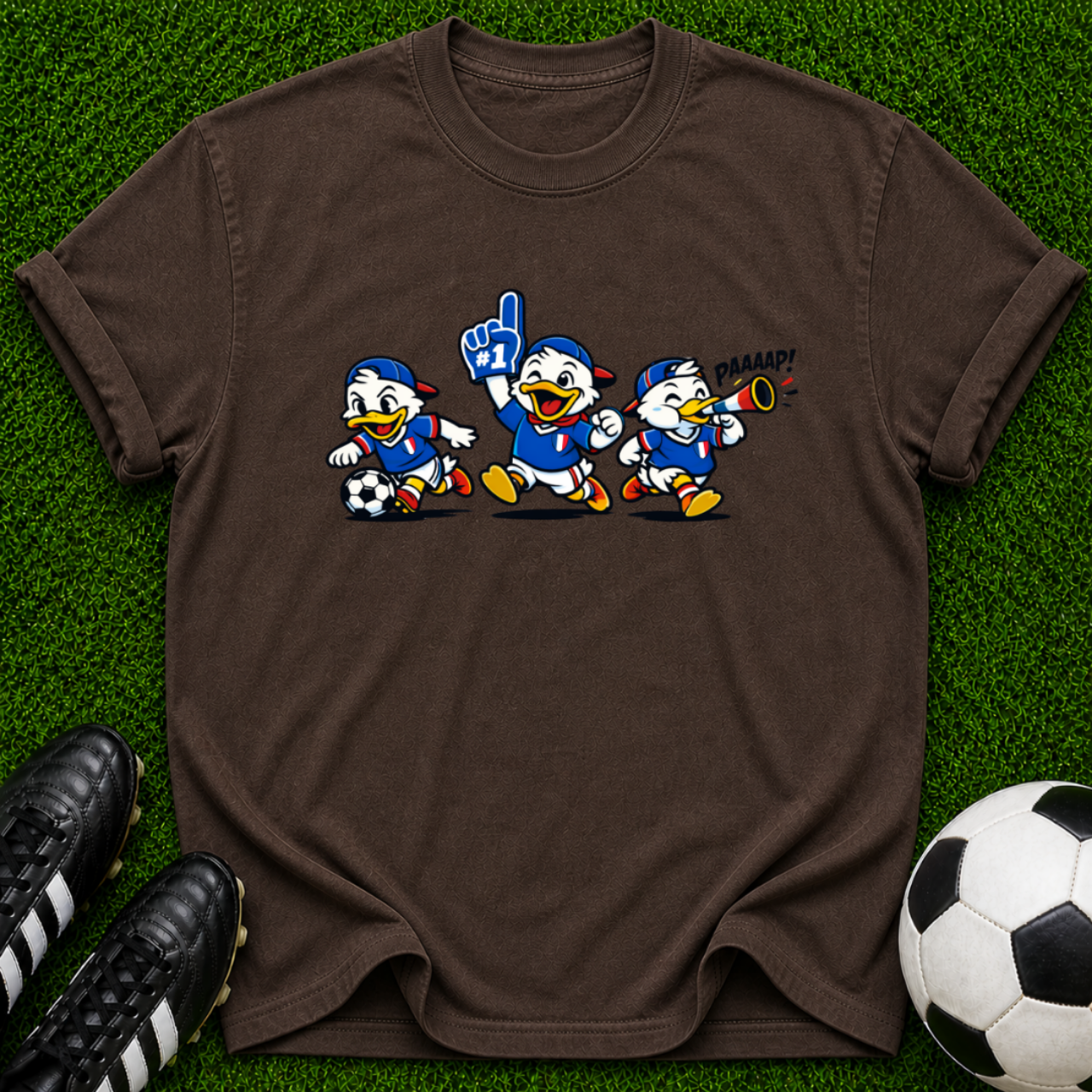 Cartoon Soccer Ducks T-Shirt | Retro Mascot Trio, Sports Graphic