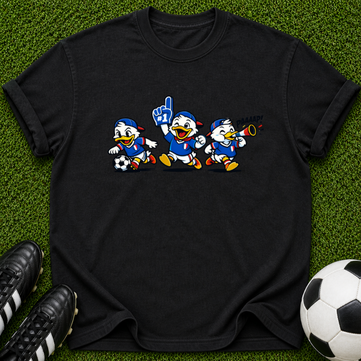 Cartoon Soccer Ducks T-Shirt | Retro Mascot Trio, Sports Graphic
