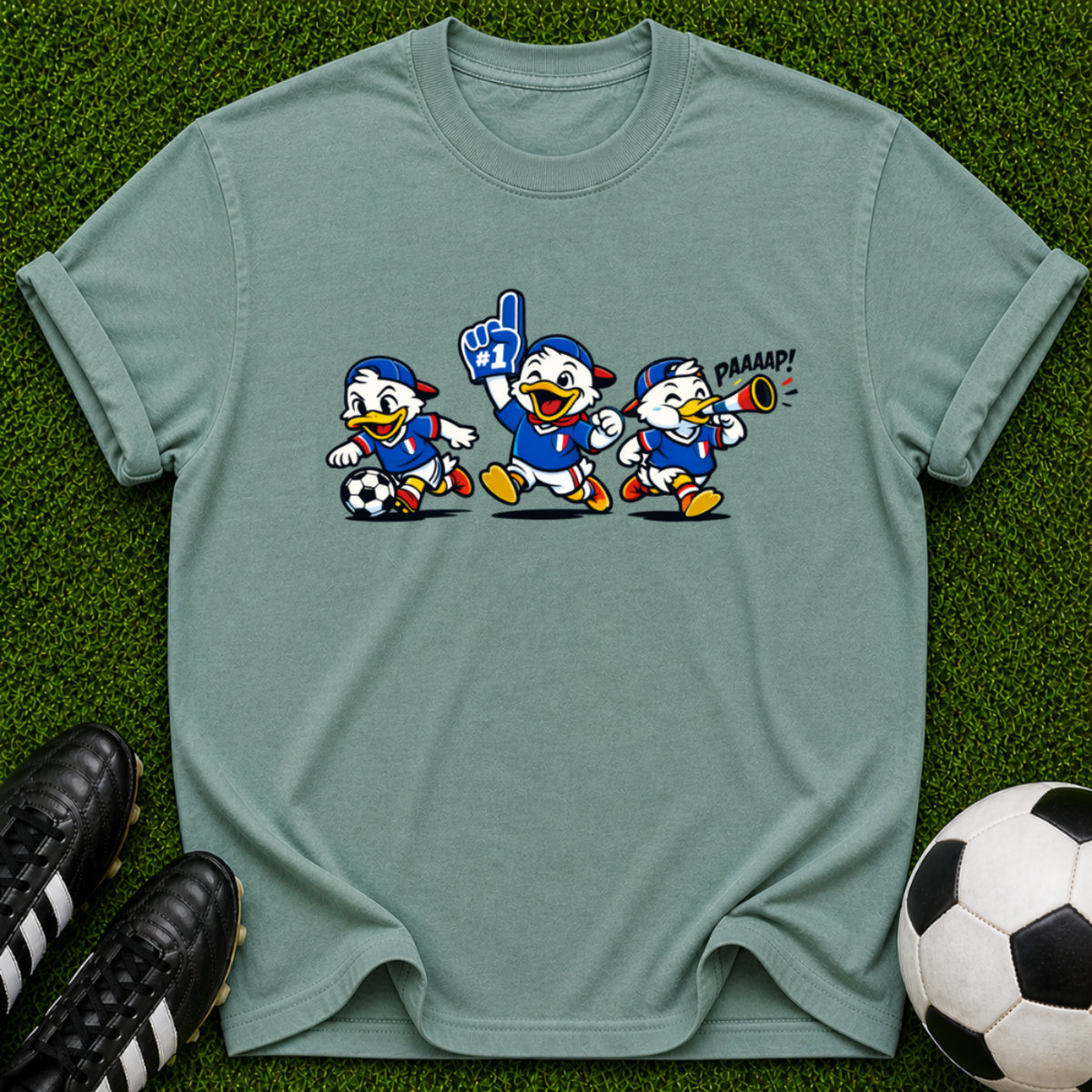 Cartoon Soccer Ducks T-Shirt | Retro Mascot Trio, Sports Graphic