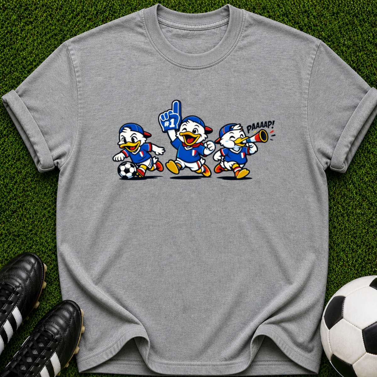 Cartoon Soccer Ducks T-Shirt | Retro Mascot Trio, Sports Graphic