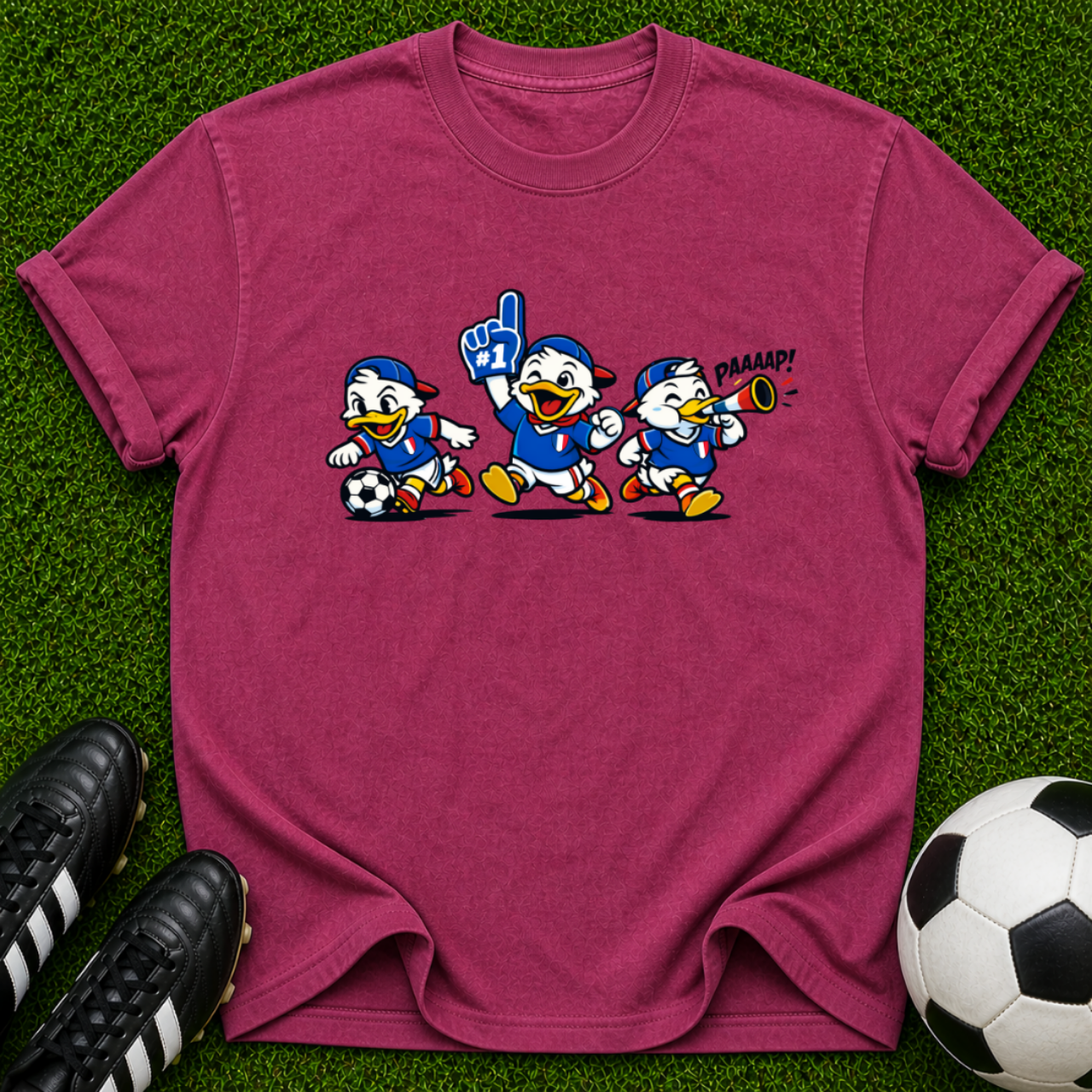 Cartoon Soccer Ducks T-Shirt | Retro Mascot Trio, Sports Graphic