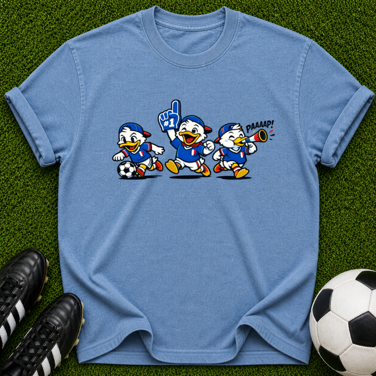 Cartoon Soccer Ducks T-Shirt | Retro Mascot Trio, Sports Graphic
