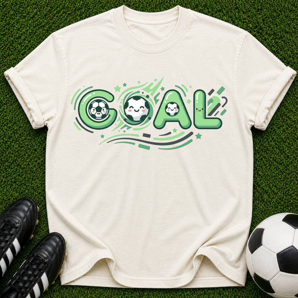 Soccer Goal Graphic T-shirt | Green Lettering, Soccer Ball Icons