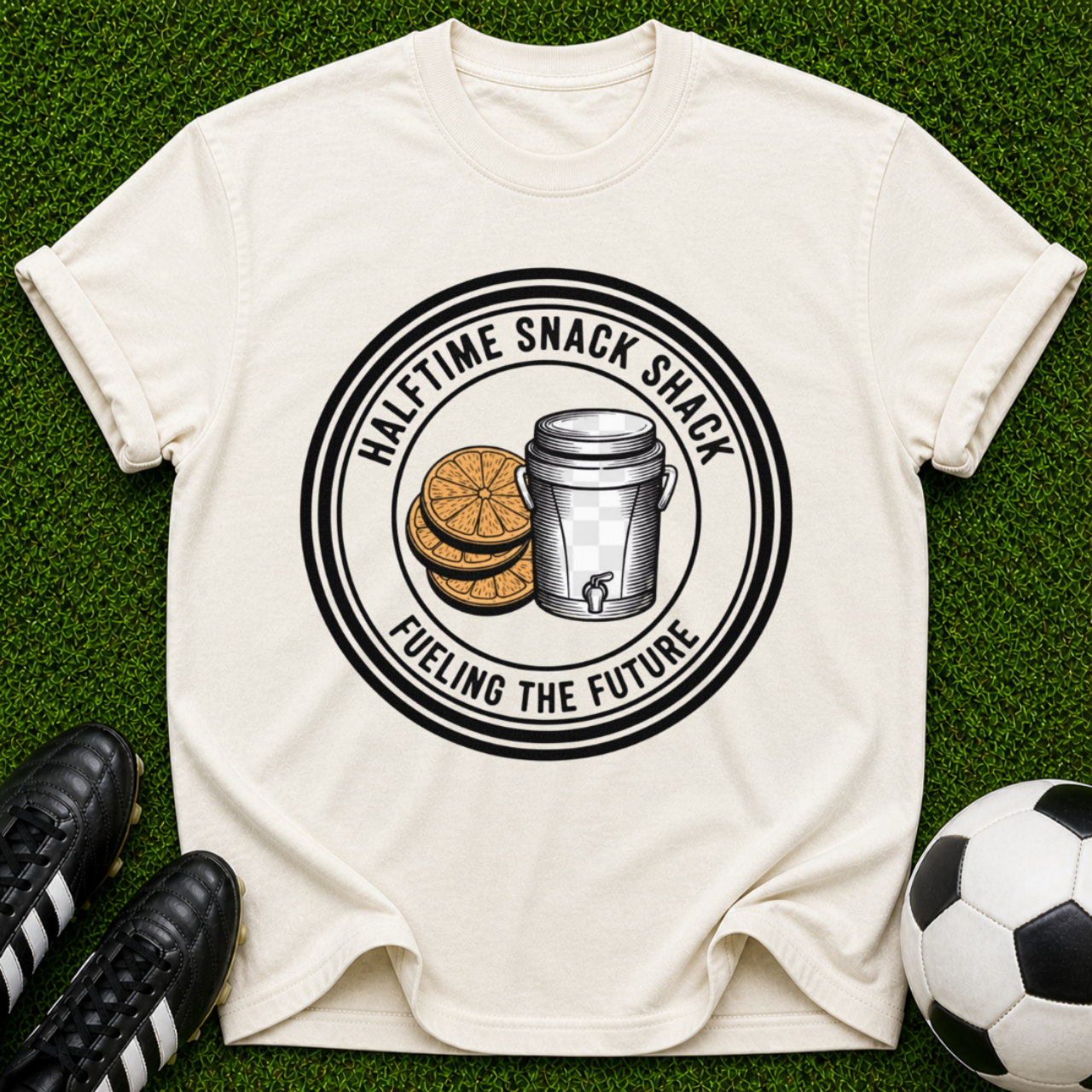 Halftime Snack Shack coffee and orange emblem T-shirt