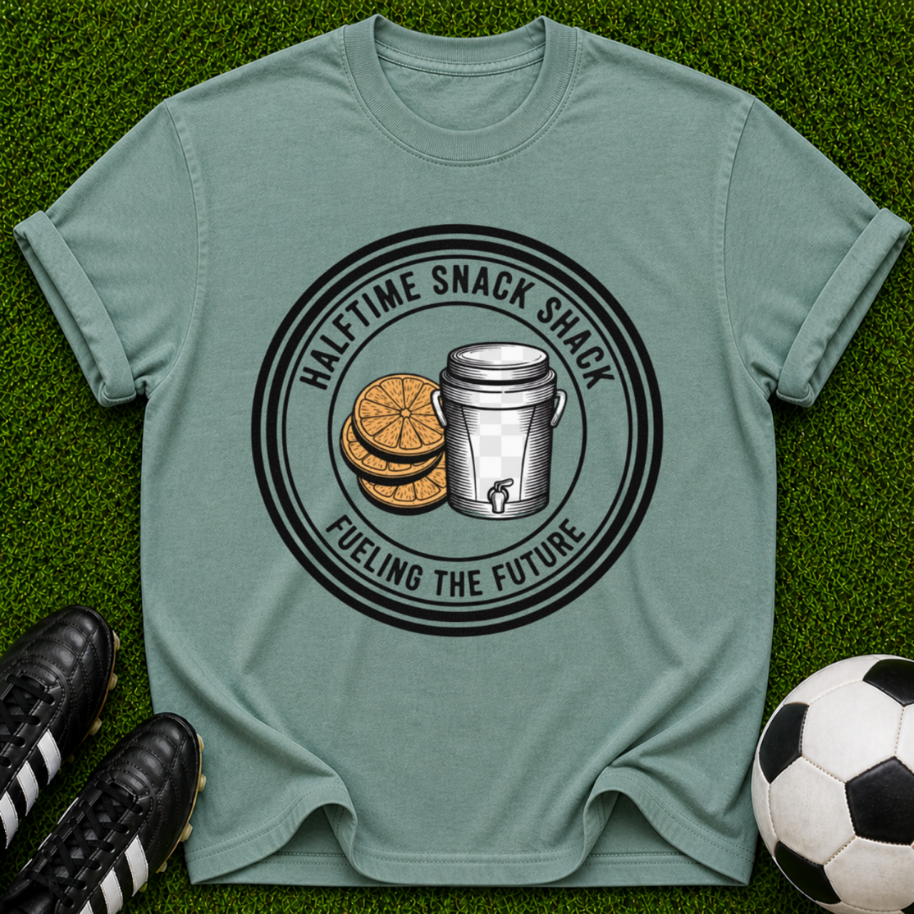Halftime Snack Shack coffee and orange emblem T-shirt