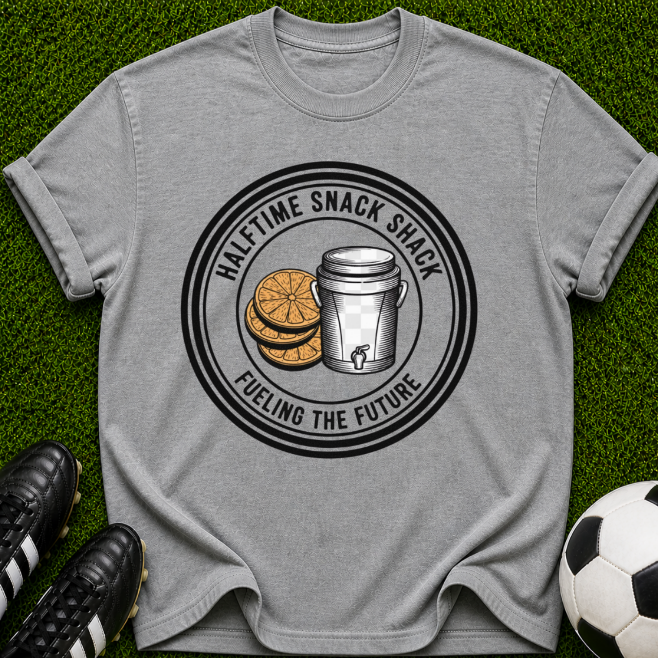 Halftime Snack Shack coffee and orange emblem T-shirt