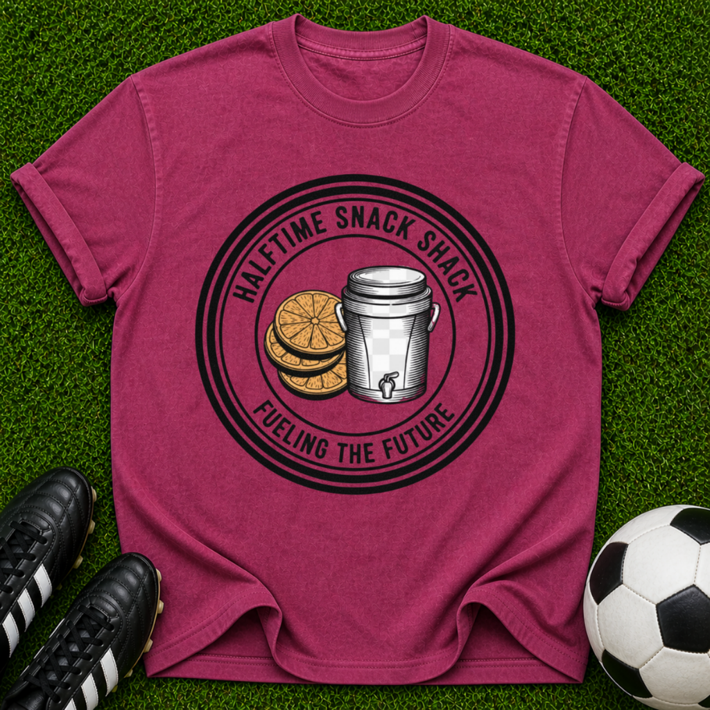 Halftime Snack Shack coffee and orange emblem T-shirt