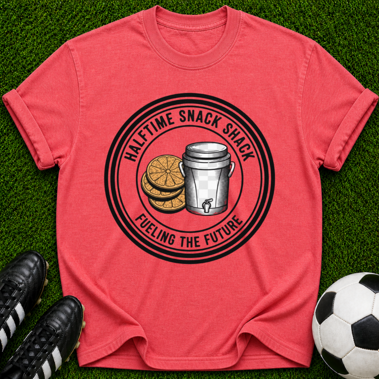 Halftime Snack Shack coffee and orange emblem T-shirt
