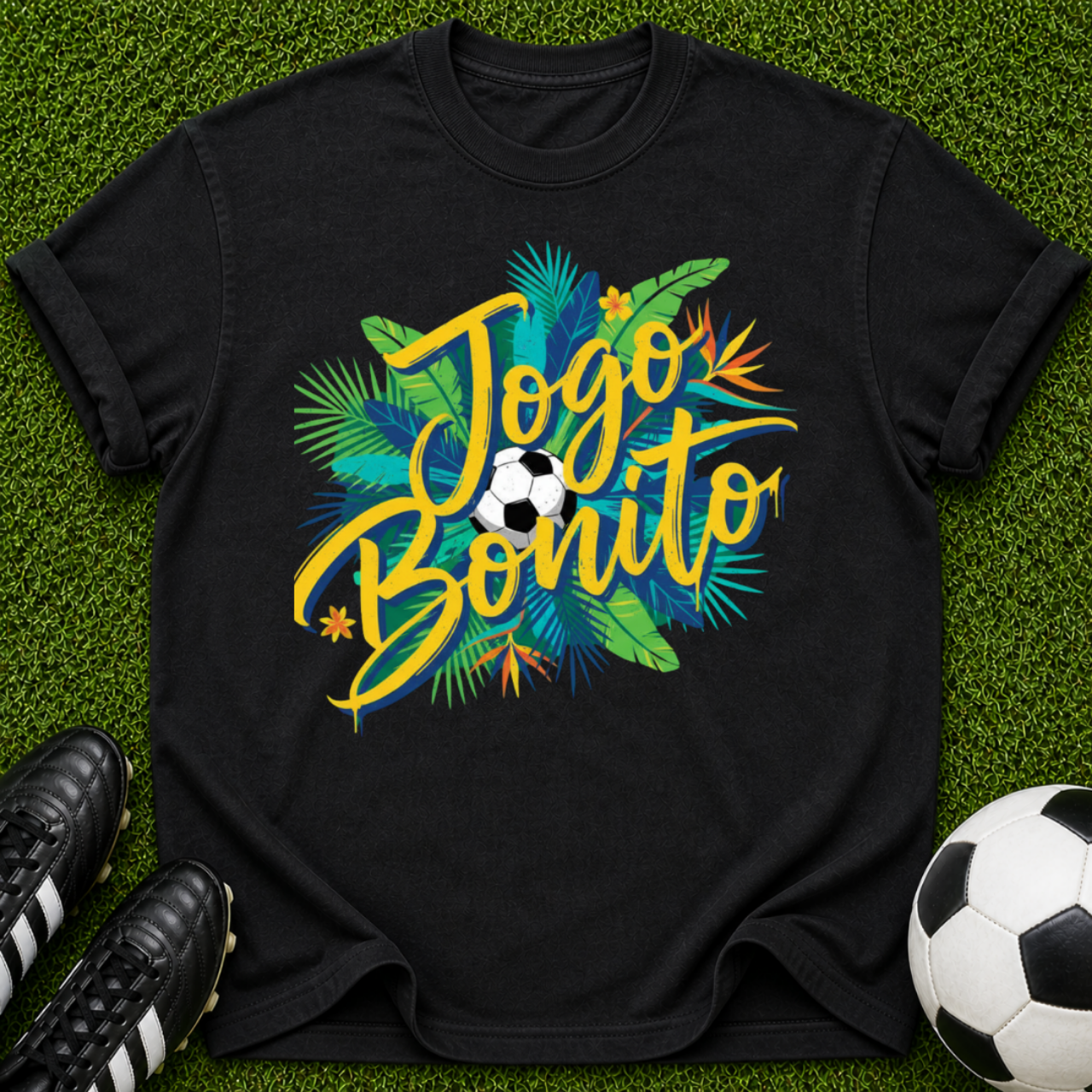 Jogo Bonito T-shirt | Tropical Soccer Script, Palm Leaves & Ball