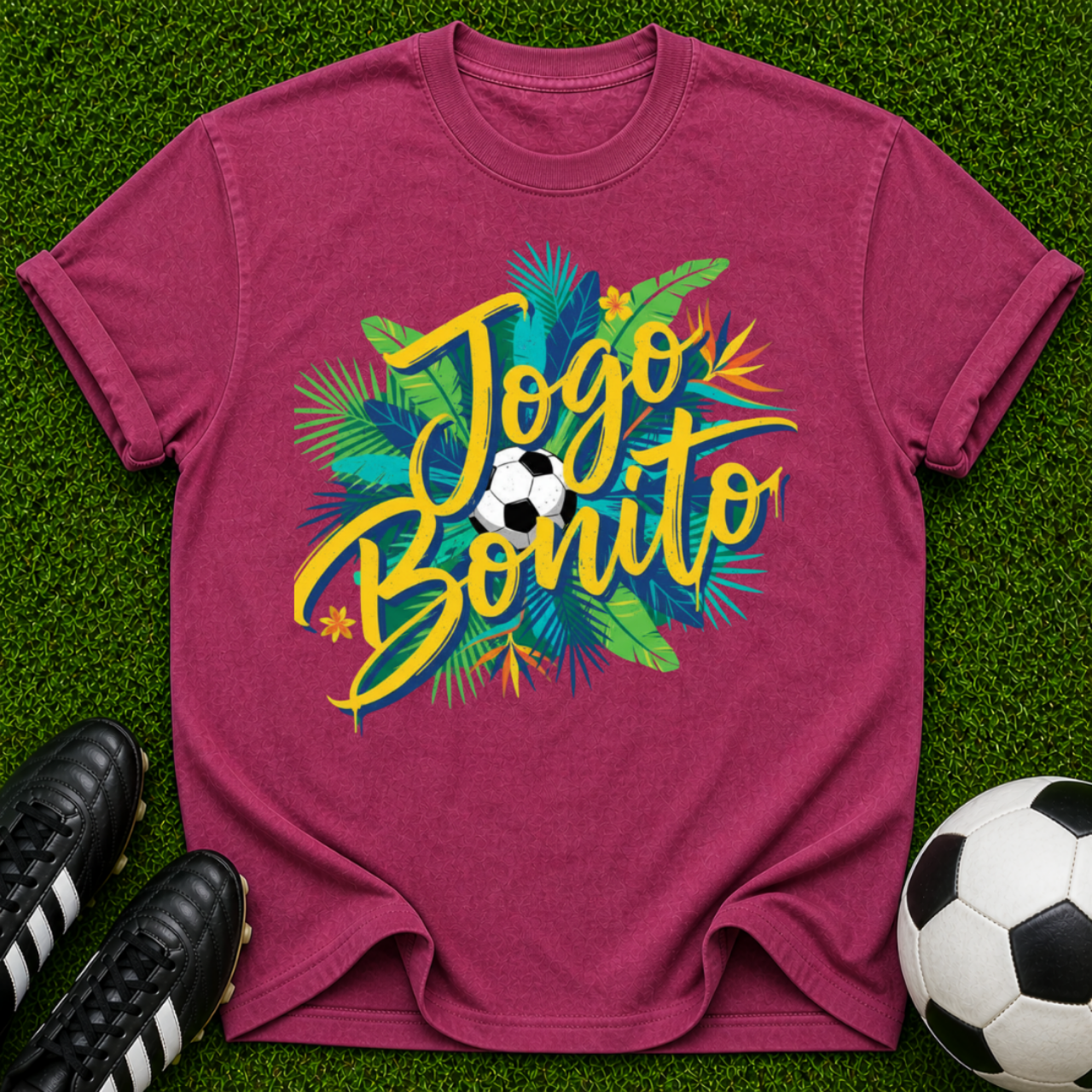 Jogo Bonito T-shirt | Tropical Soccer Script, Palm Leaves & Ball