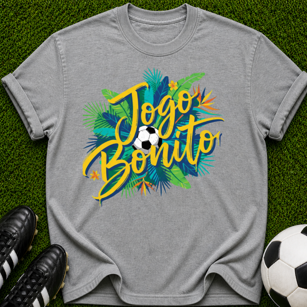 Jogo Bonito T-shirt | Tropical Soccer Script, Palm Leaves & Ball
