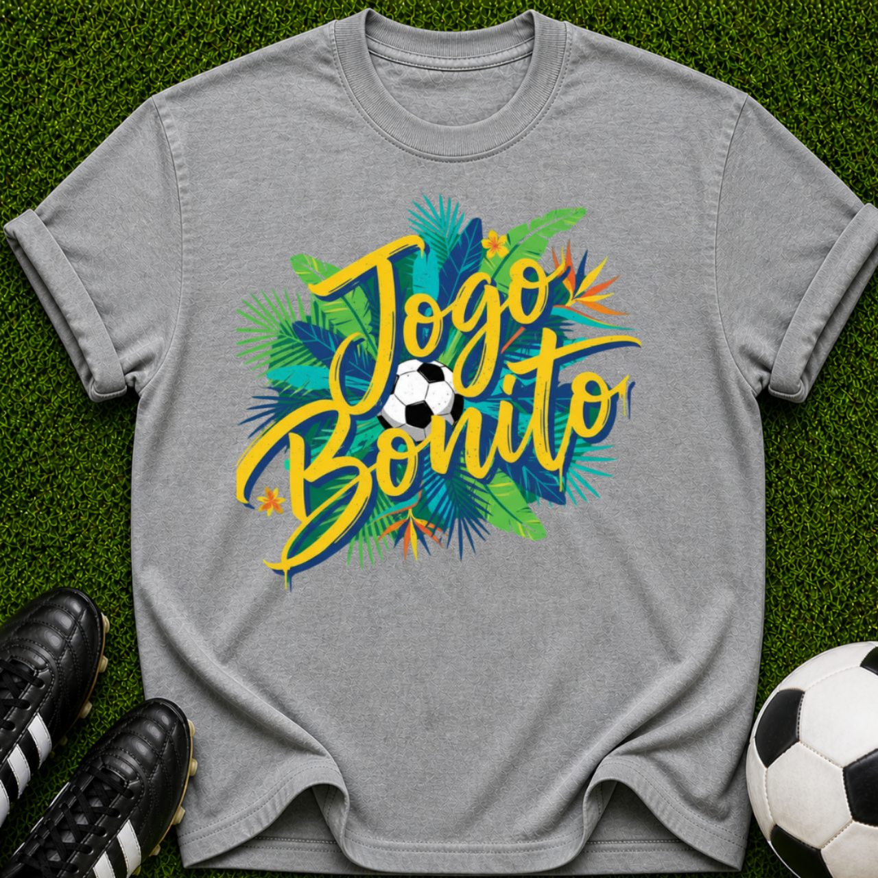 Jogo Bonito T-shirt | Tropical Soccer Script, Palm Leaves & Ball