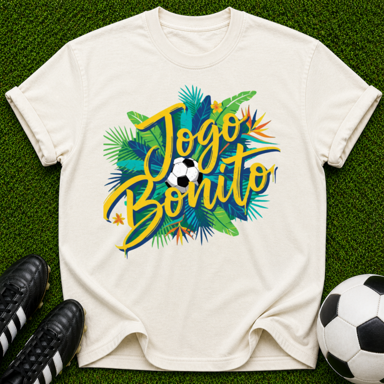 Jogo Bonito T-shirt | Tropical Soccer Script, Palm Leaves & Ball