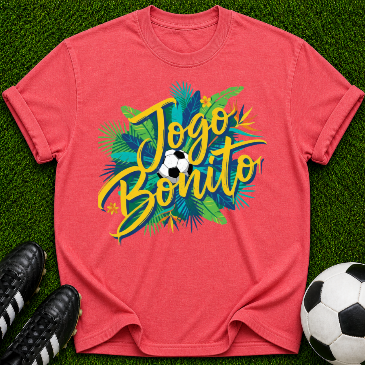 Jogo Bonito T-shirt | Tropical Soccer Script, Palm Leaves & Ball