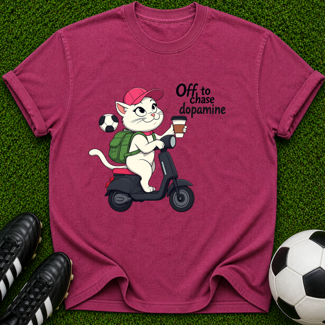 Cat on Scooter 'Off to Chase Dopamine' T-shirt