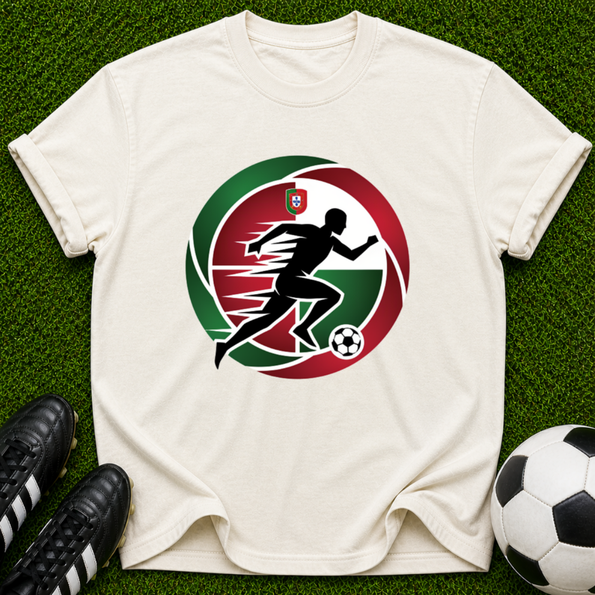 Soccer Player Silhouette T-shirt | Red Green Circle Football Logo