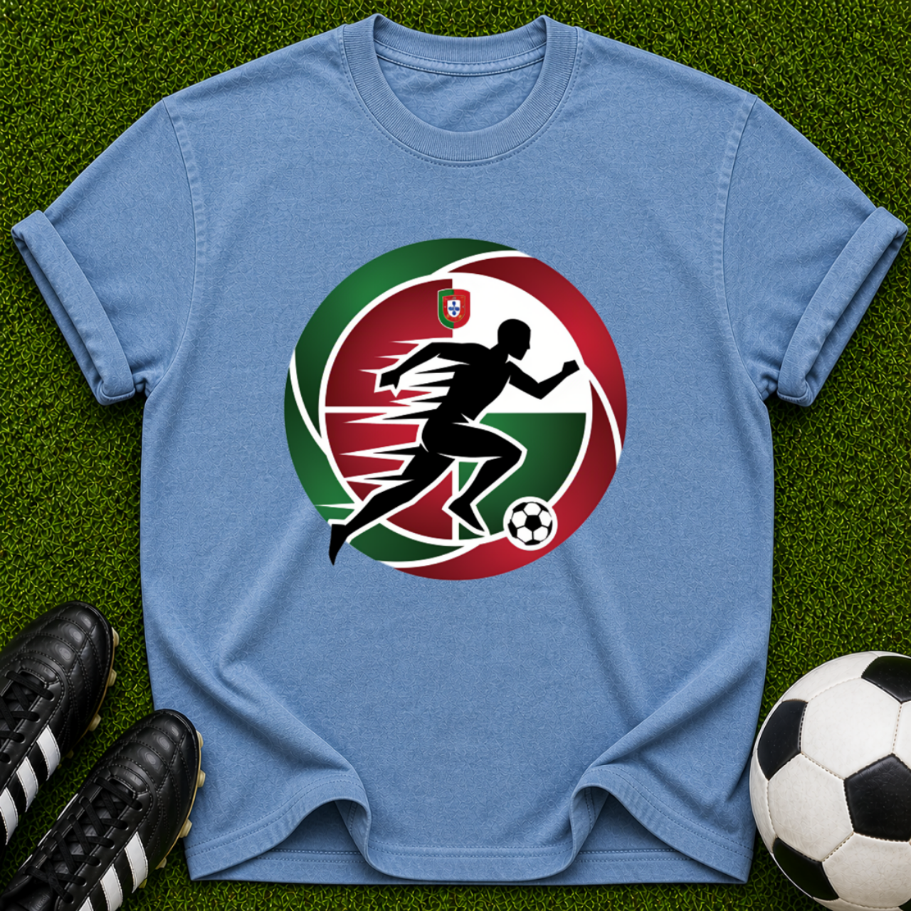 Soccer Player Silhouette T-shirt | Red Green Circle Football Logo