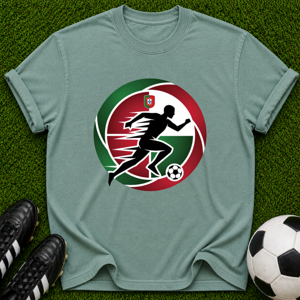 Soccer Player Silhouette T-shirt | Red Green Circle Football Logo