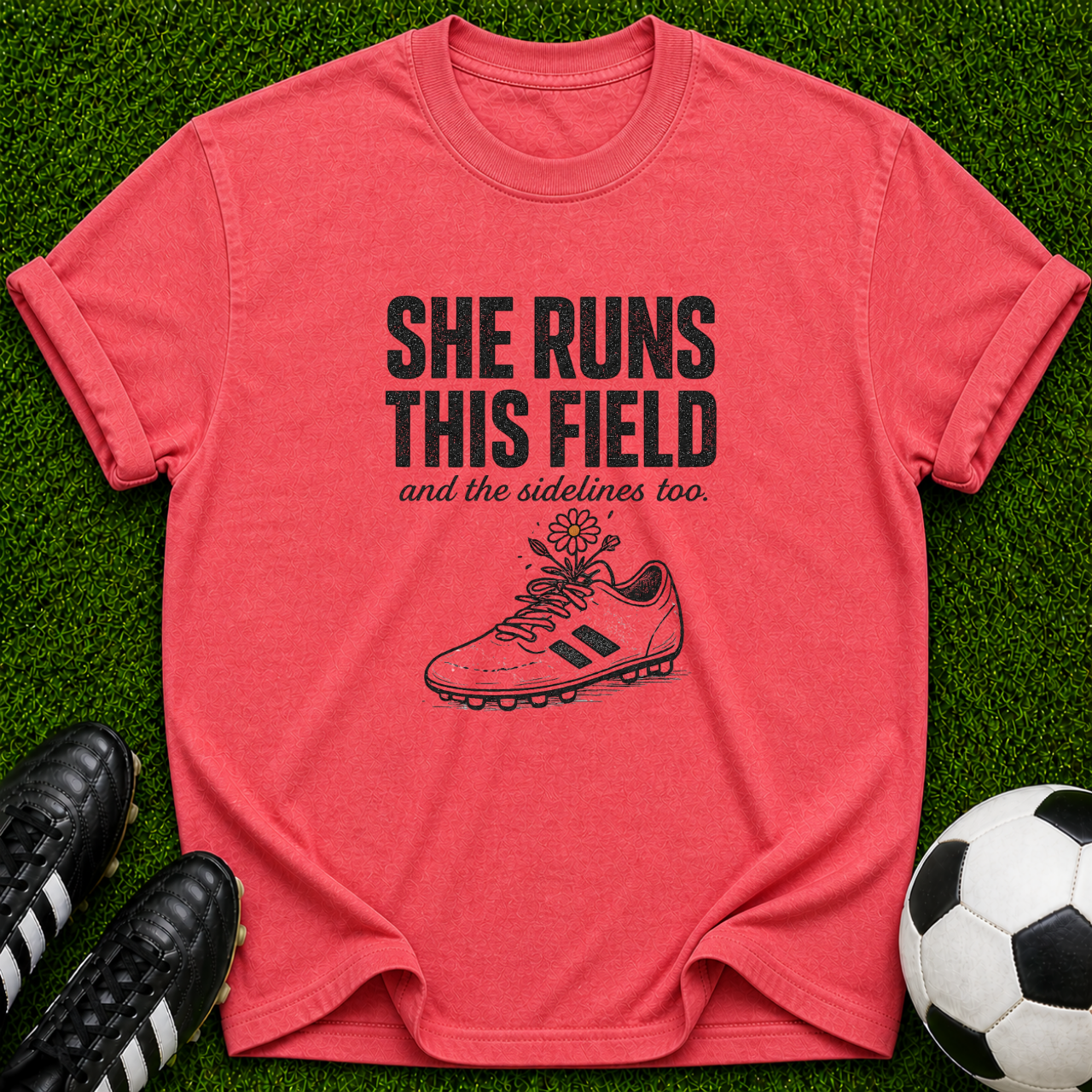 She Runs This Field soccer cleat T-shirt