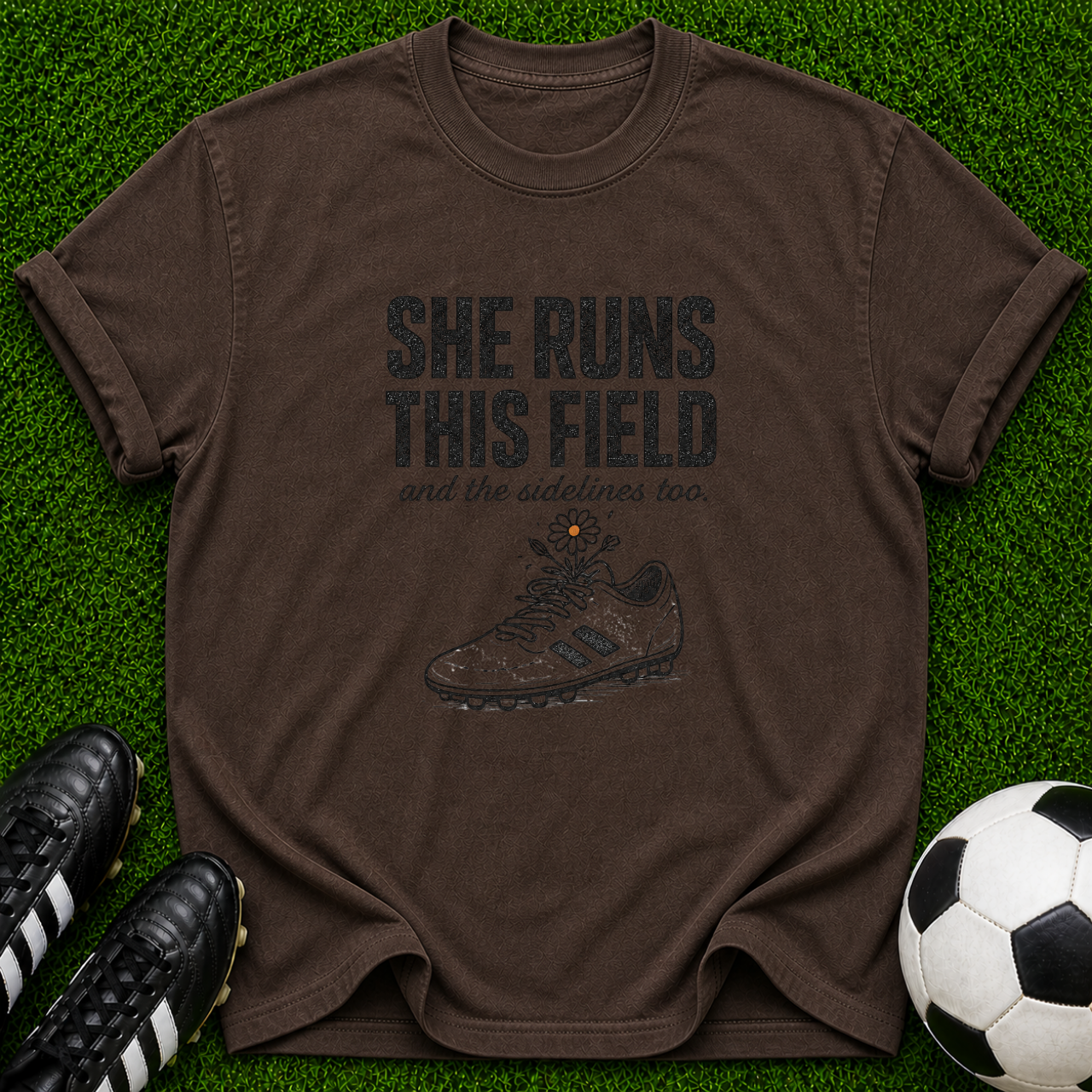 She Runs This Field soccer cleat T-shirt
