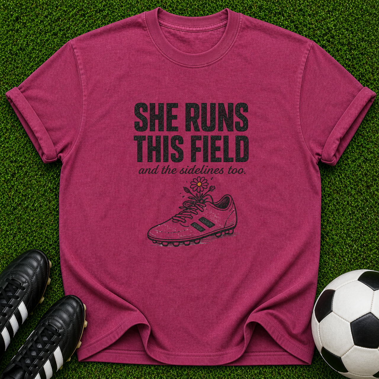 She Runs This Field soccer cleat T-shirt