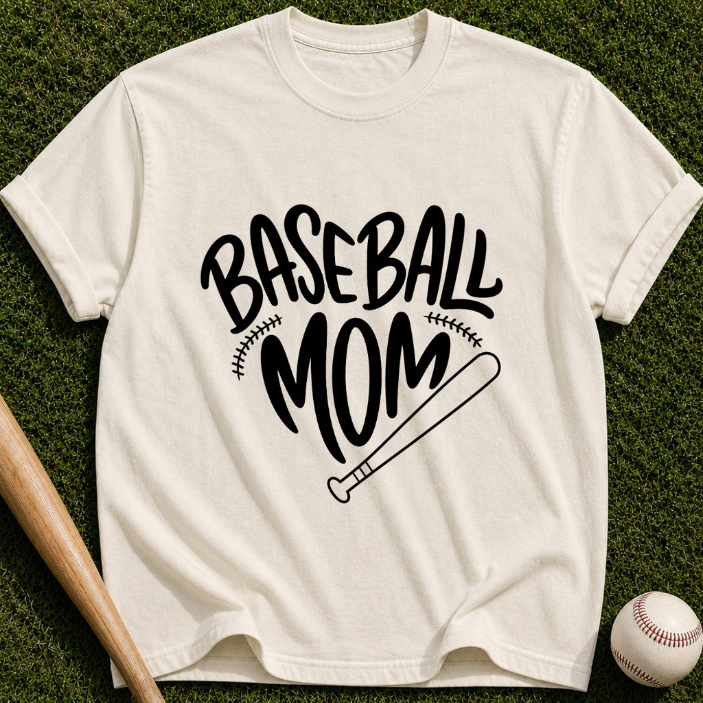 Baseball Mom T-Shirt | Script Logo with Bat and Stitch Details