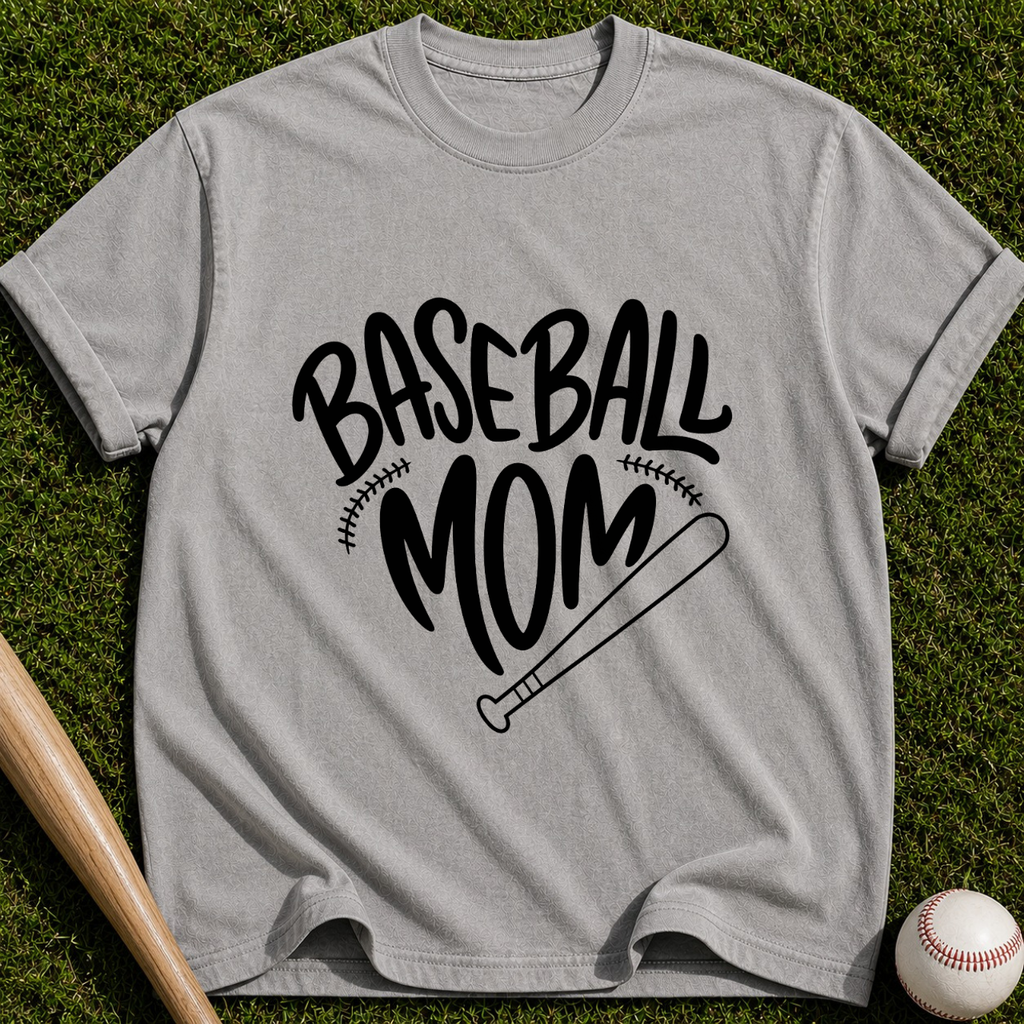 Baseball Mom T-Shirt | Script Logo with Bat and Stitch Details