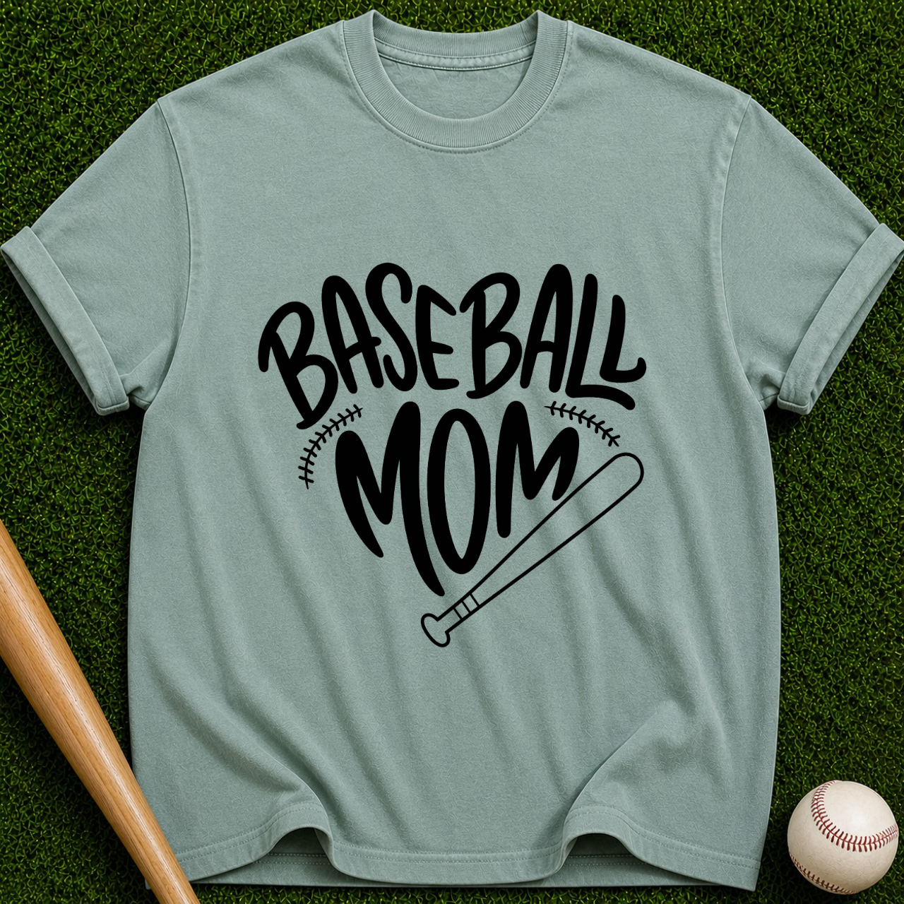 Baseball Mom T-Shirt | Script Logo with Bat and Stitch Details