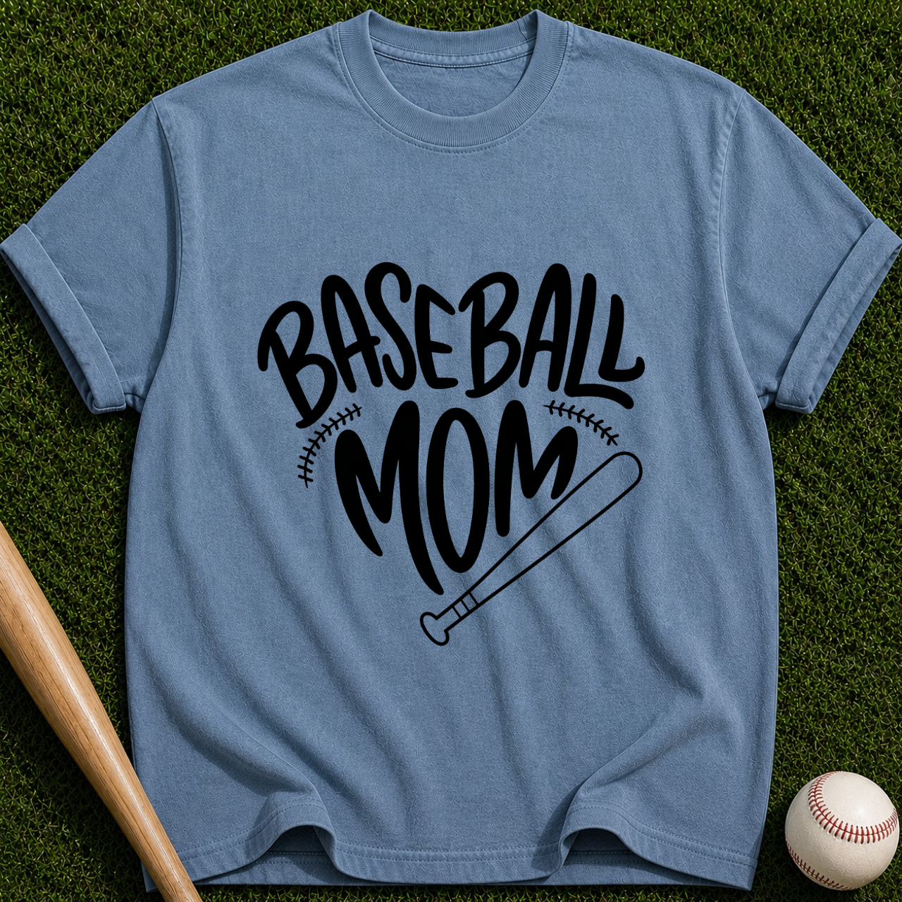 Baseball Mom T-Shirt | Script Logo with Bat and Stitch Details