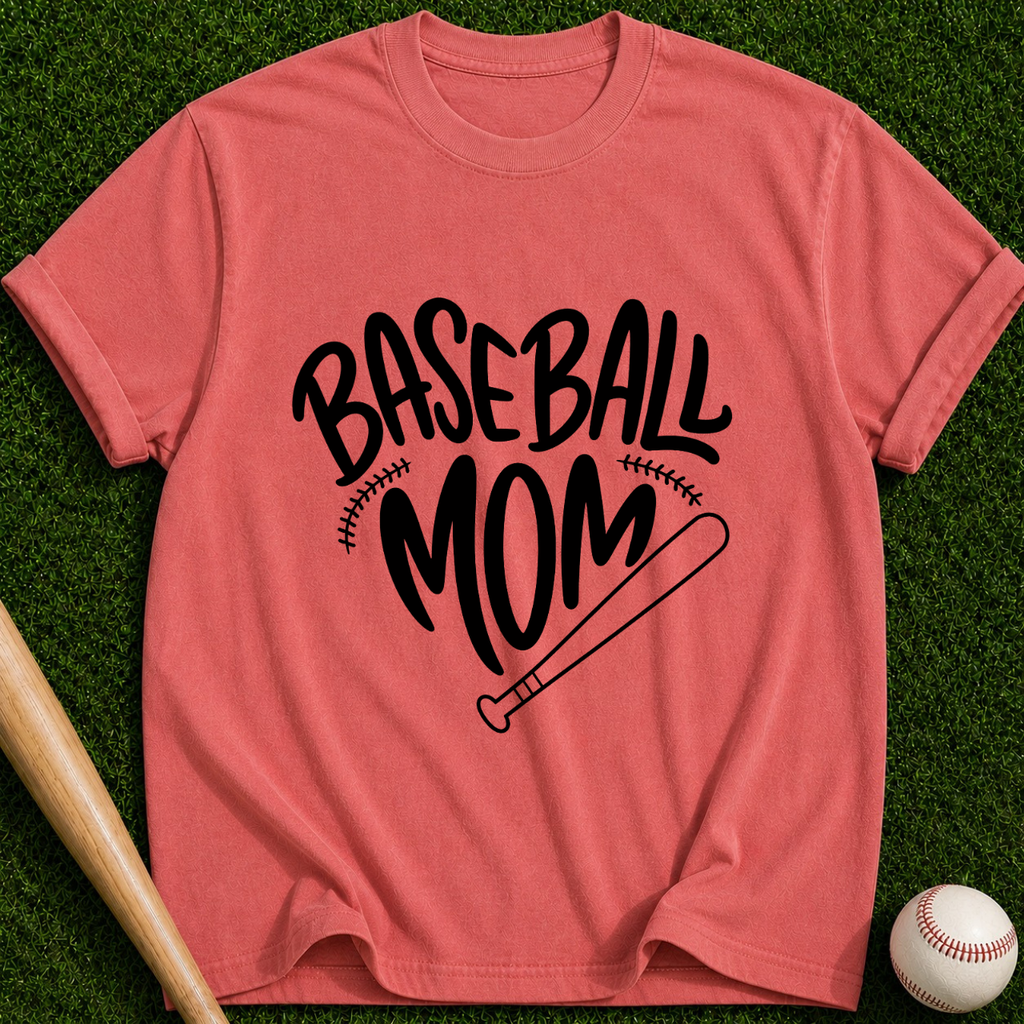 Baseball Mom T-Shirt | Script Logo with Bat and Stitch Details