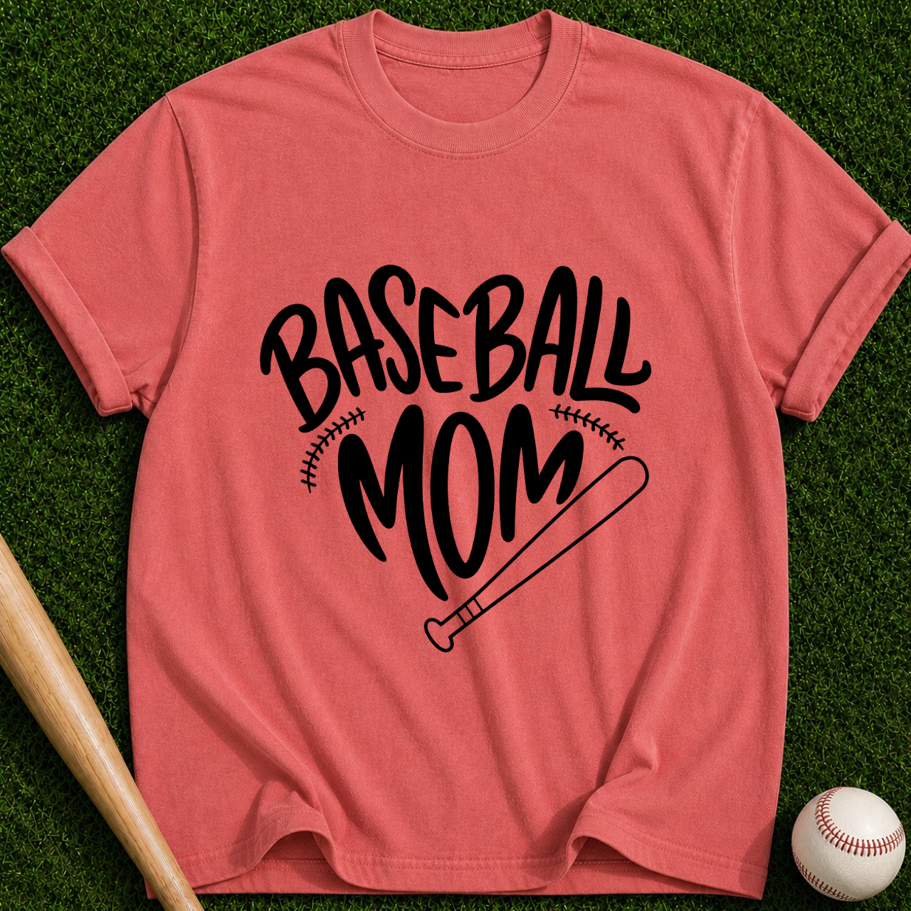 Baseball Mom T-Shirt | Script Logo with Bat and Stitch Details