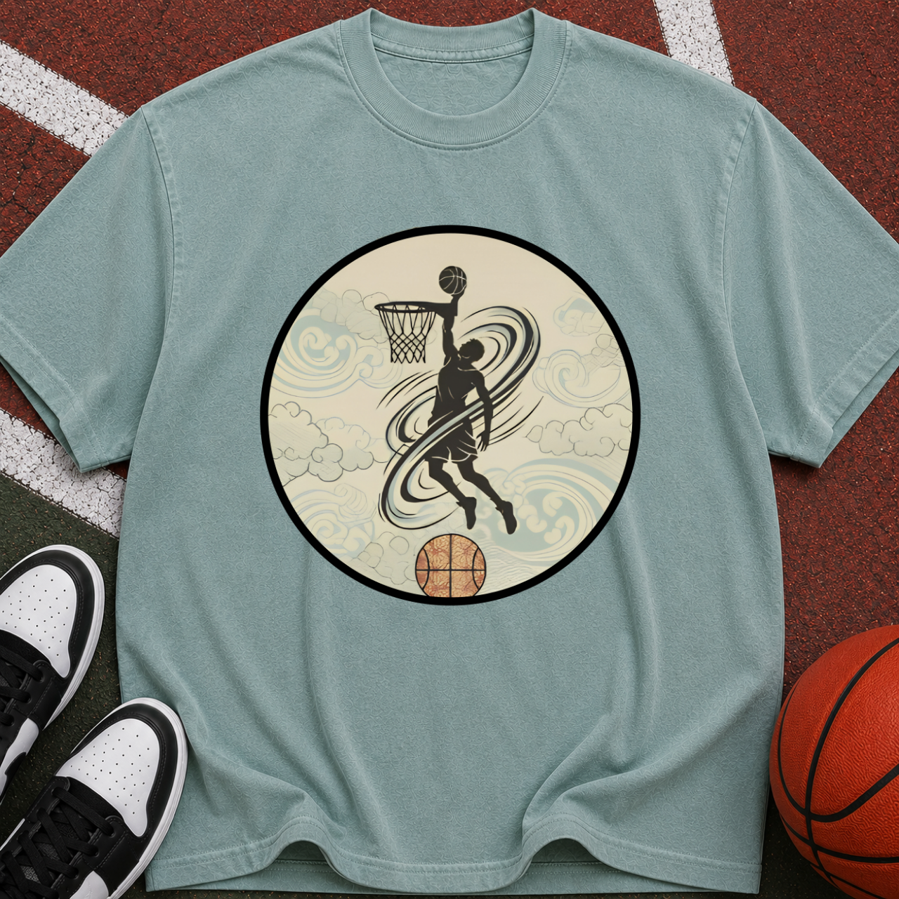 Basketball Dunk Silhouette T-shirt | Vintage Wave Hoop Design