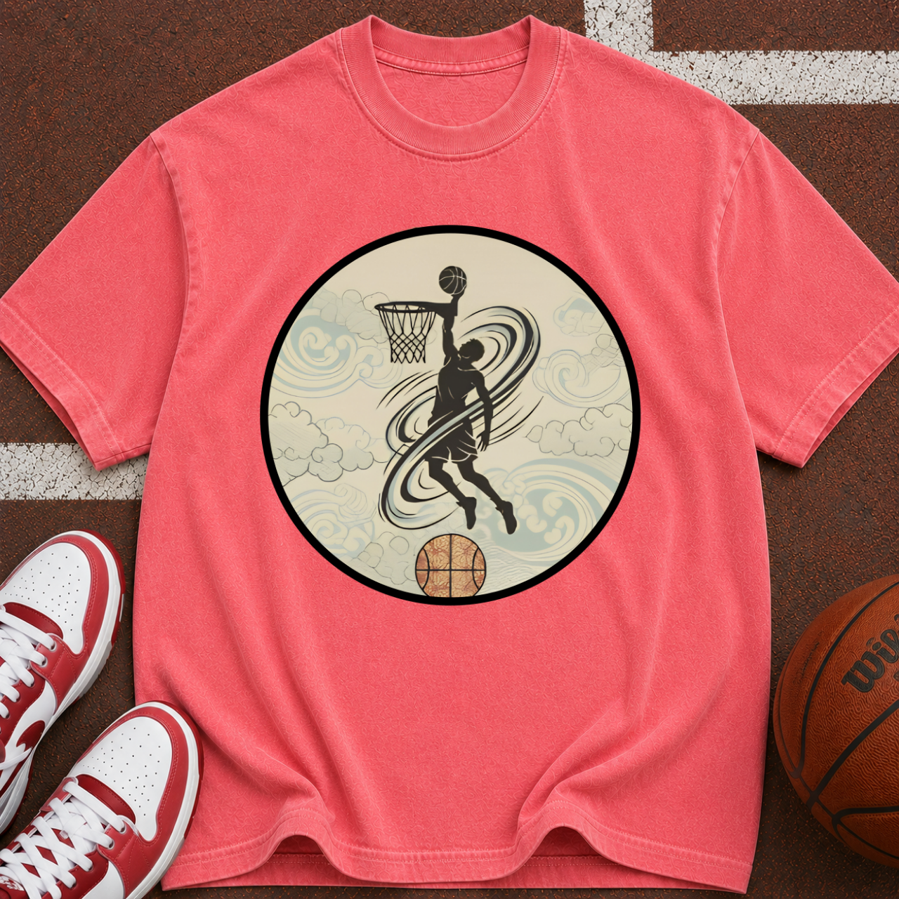 Basketball Dunk Silhouette T-shirt | Vintage Wave Hoop Design